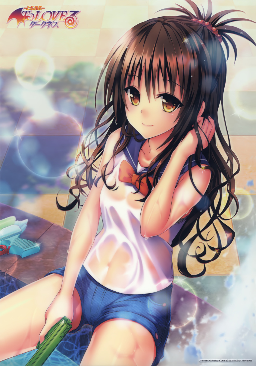 1girl absurdres bare_arms bare_shoulders blush bow bowtie breasts brown_eyes brown_hair closed_mouth collarbone copyright_name covered_navel day denim denim_shorts dress eyebrows_visible_through_hair glint hair_bobbles hair_ornament highres holding legs_apart lens_flare looking_at_viewer no_bra official_art outdoors red_bow red_bowtie sailor_collar see-through shirt short_shorts shorts sitting sleeveless sleeveless_dress sleeveless_shirt small_breasts smile solo splashing thighs tile_floor tiles to_love-ru to_love-ru_darkness topknot water water_gun wet wet_clothes wet_shirt white_shirt yabuki_kentarou yuuki_mikan