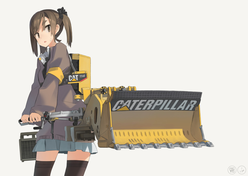 1girl :o armlet astg black_legwear blue_skirt brown_eyes brown_hair caterpillar_(company) cowboy_shot highres long_sleeves looking_to_the_side machine machinery mecha_musume open_mouth original personification pleated_skirt puffy_long_sleeves puffy_sleeves simple_background skirt solo standing sweatdrop thigh-highs twintails zettai_ryouiki