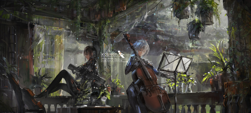 2girls black_hair closed_eyes english gun holding holding_gun holding_instrument holding_weapon instrument looking_away multiple_girls music_stand original plant potted_plant russian sheet_music short_hair sketch smile stu_dts table translation_request violin violin_bow weapon white_hair