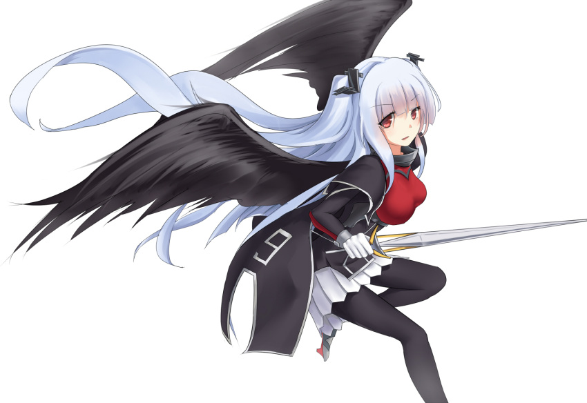 1girl black_cape black_clothes black_legwear black_wings blue_hair breasts cape cuffs essex_(zhan_jian_shao_nyu) eyebrows_visible_through_hair feathered_wings floating_hair gloves hair_ornament handcuffs highres holding holding_sword holding_weapon large_breasts long_hair looking_at_viewer numbered one_leg_raised pantyhose pleated_skirt radish_(artist) red_eyes skirt solo spread_wings sword weapon white_background white_gloves white_skirt wings zhan_jian_shao_nyu