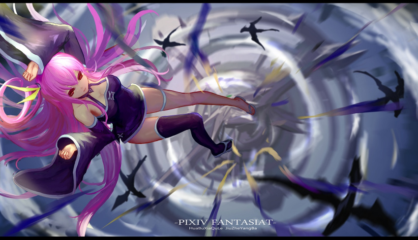 1girl breasts cleavage copyright_name detached_sleeves highres long_hair medium_breasts pink_hair pixiv_fantasia pixiv_fantasia_t red_eyes revision single_thighhigh solo thigh-highs thigh_strap typo wangchuan_de_quanyan