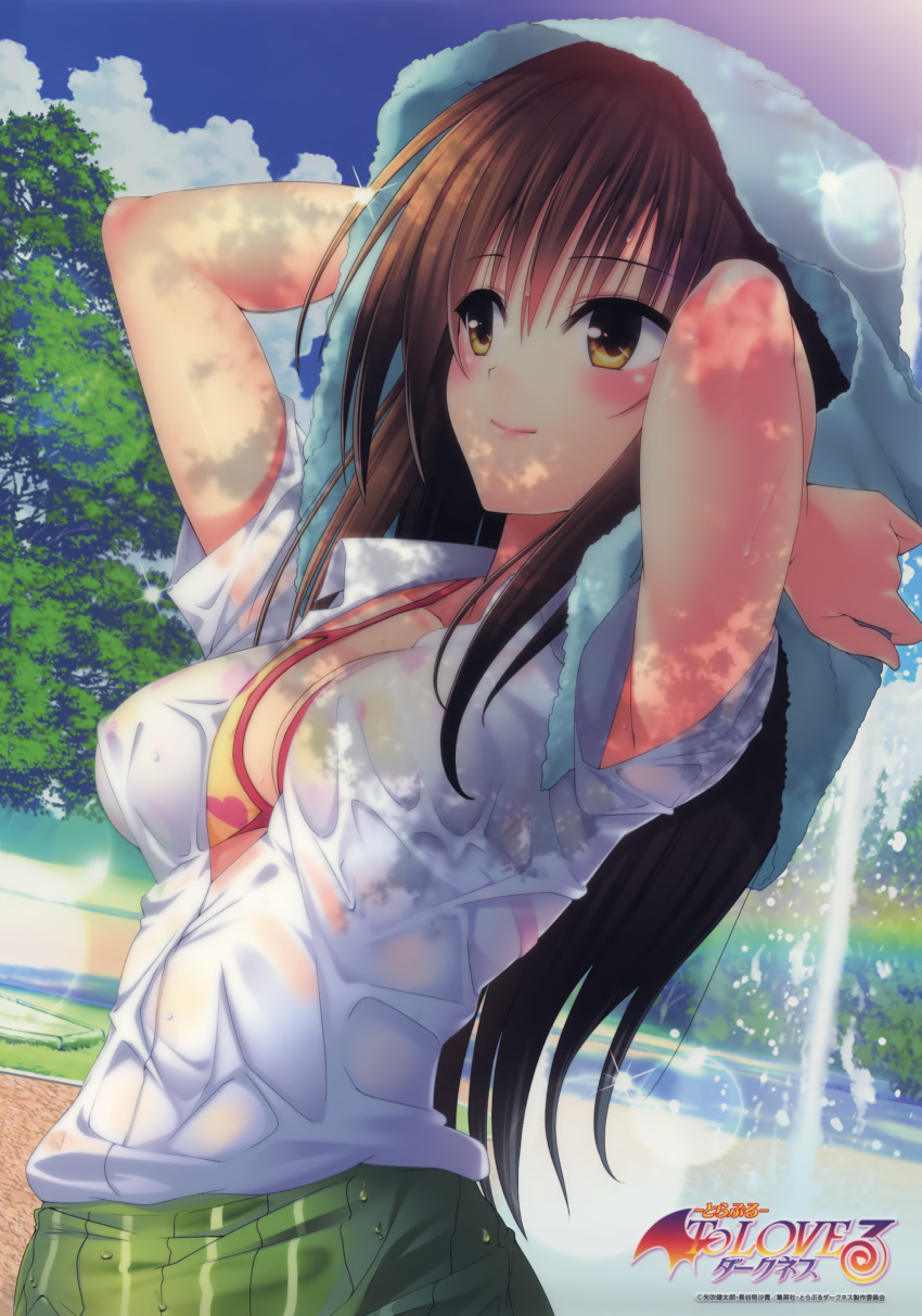 1girl absurdres armpit_peek arms_up bangs bikini bikini_top bikini_under_clothes blue_sky blush breasts brown_eyes brown_hair closed_mouth collared_shirt copyright_name dappled_sunlight day drying_hair eyebrows_visible_through_hair fountain green_skirt hair_between_eyes heart heart_print highres kotegawa_yui lips long_hair looking_away looking_to_the_side medium_breasts official_art outdoors park see-through shirt skirt sky solo sparkle sunlight swimsuit tareme to_love-ru towel tree water water_drop wet wet_clothes wet_shirt wet_skirt white_shirt wing_collar yabuki_kentarou yellow_bikini_top