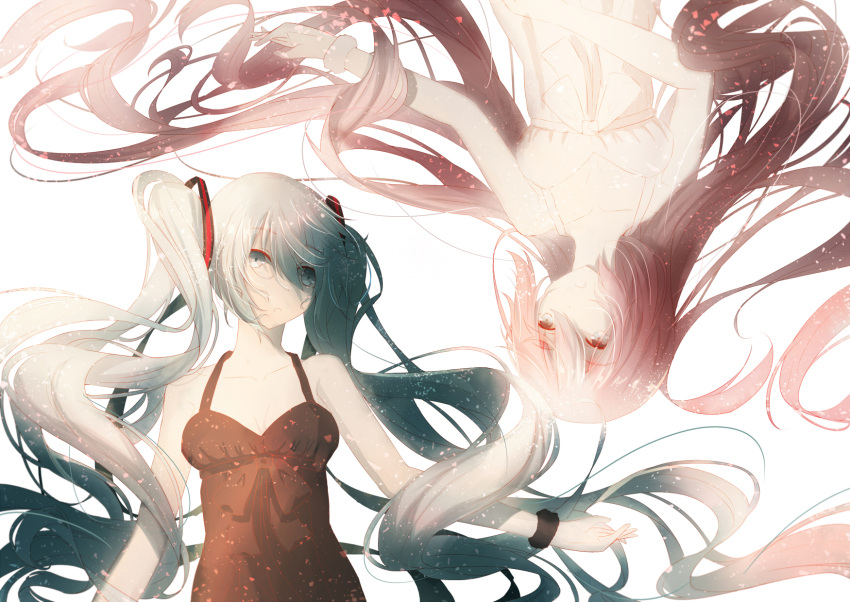 2girls bangs black_dress collarbone dress expressionless eyebrows_visible_through_hair floating_hair hair_between_eyes hatsune_miku highres long_hair megurine_luka multiple_girls parted_lips re:rin rotational_symmetry twintails upper_body very_long_hair vocaloid white_dress