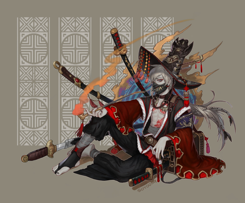 1boy abs artist_name barefoot beads black_hat black_nails fangs full_body grey_eyes hat highres katana looking_at_viewer male_focus mask nail_polish pipe sheath sheathed sitting smoking solo soyoong_jun sword tagme tassel tattoo weapon wide_sleeves