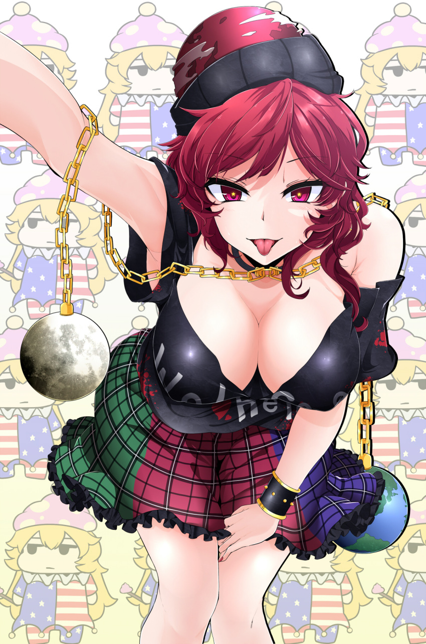 1girl american_flag_dress bare_shoulders black_shirt breasts chains chibi_inset cleavage clothes_writing clownpiece collar earth_(ornament) hat hecatia_lapislazuli highres jester_cap jitome large_breasts looking_at_viewer miniskirt moon_(ornament) multicolored multicolored_clothes multicolored_skirt nail_polish neck_ruff pantyhose polka_dot polos_crown poop_on_a_stick red_eyes red_nails redhead rihito_(usazukin) shirt short_sleeves skirt star star-shaped_pupils symbol-shaped_pupils t-shirt tongue tongue_out touhou wrist_cuffs