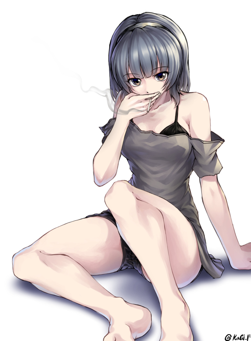 1girl arm_support bangs bare_legs bare_shoulders barefoot black_bra black_hairband blunt_bangs bra breasts brown_eyes cigarette collarbone grey_shirt hairband highres kagi_f looking_at_viewer medium_breasts off-shoulder_shirt original shirt short_shorts short_sleeves shorts silver_hair sitting smoking solo twitter_username underwear