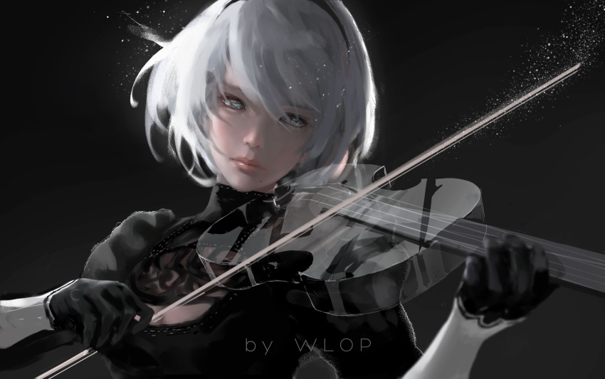 1girl artist_name black_background black_dress black_hairband blue_eyes breasts cleavage cleavage_cutout dress gradient gradient_background grey_hair hairband highres holding holding_instrument instrument juliet_sleeves long_sleeves looking_at_viewer medium_breasts mole mole_under_mouth music nier_(series) nier_automata no_blindfold playing_instrument puffy_sleeves short_hair solo transparent turtleneck upper_body vambraces violin wlop yorha_no._2_type_b