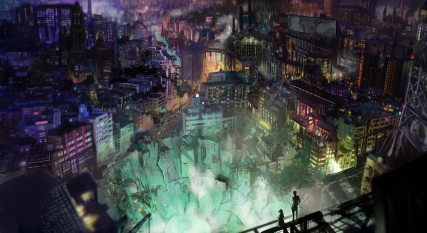 1boy 1girl chromatic_aberration city_lights cityscape facing_away fantasy highres looking_away looking_down nurie_(siniariot) onsen original scenery short_hair stairs wallpaper water