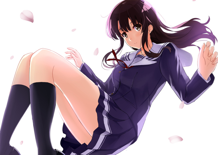 1girl bangs blue_skirt blush brown_eyes brown_hair hands_up highres katou_megumi legs_together long_hair long_sleeves looking_at_viewer mizuki_(mizuki_ame) official_style parted_lips petals pleated_skirt saenai_heroine_no_sodatekata school_uniform serafuku skirt solo