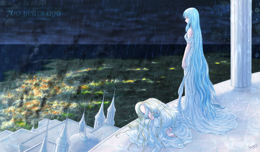 2girls aqua_eyes aqua_hair bare_shoulders barefoot breasts building burning dated dress english feena_(ys) fire full_body fushimi_yuuri goddess highres kneeling light_particles long_hair multiple_girls ocean pillar profile rain reah_(ys) sad siblings signature sisters smoke spire standing temple ys ys_origin