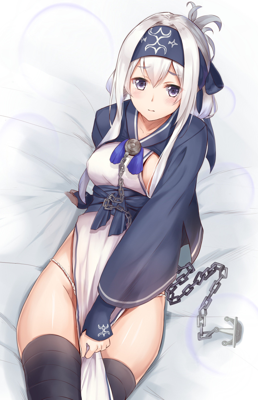 10s 1girl absurdres blue_eyes blush breasts chains collarbone covering covering_crotch cropped_jacket dress embarrassed folded_ponytail fundoshi headband highres japanese_clothes kamoi_(kantai_collection) kantai_collection karumayu long_hair medium_breasts on_bed sideboob silver_hair sleeveless sleeveless_dress solo thick_eyebrows thigh-highs white_dress