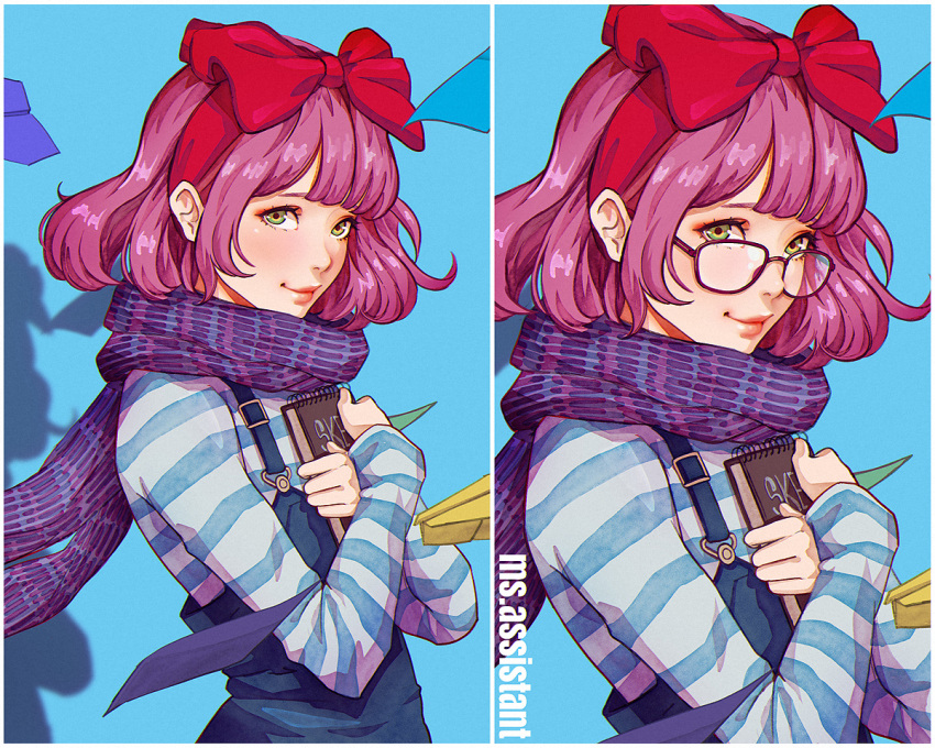 1girl bow closed_mouth glasses green_eyes hair_bow hairband large_bow lips long_sleeves looking_at_viewer magion02 no_glasses original overalls paper_airplane pink_hair purple_scarf red-framed_eyewear red_hairband red_lips scarf shirt short_hair striped striped_shirt upper_body variations