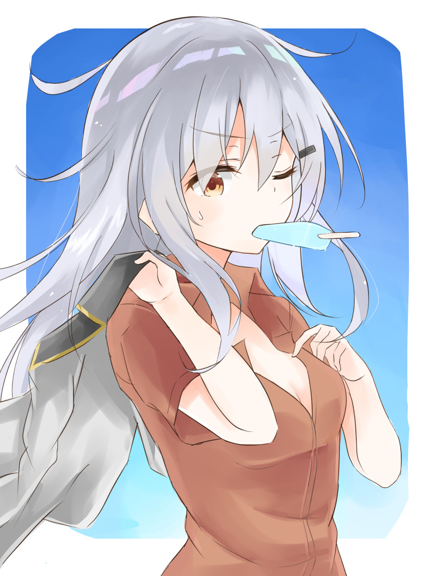 10s 1girl absurdres bad_anatomy breasts brown_eyes cleavage gangut_(kantai_collection) grey_hair hair_ornament highres kantai_collection long_hair long_sleeves medium_breasts military military_jacket military_uniform one_eye_closed red_shirt remodel_(kantai_collection) senx shirt solo sweat uniform upper_body