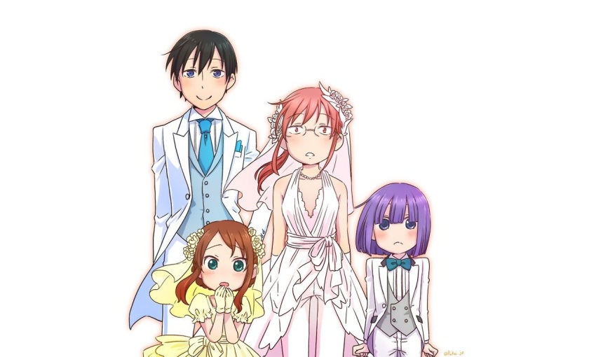 2boys 2girls :&lt; bare_shoulders black_hair blue_eyes blue_necktie blue_vest bride brown_hair clenched_hands collarbone dress flower formal fukai_(yas_lions) gloves green_eyes grey_vest groom hair_flower hair_ornament jewelry kobayashi-san_chi_no_maidragon kobayashi_(maidragon) looking_at_viewer magatsuchi_shouta multiple_boys multiple_girls necklace necktie pearl_necklace pink_dress purple_hair red_eyes redhead saikawa_riko short_hair signature simple_background smile source_request suit takiya_makoto twitter_username veil vest wallpaper wedding_dress white_background white_gloves white_suit yellow_dress yellow_gloves