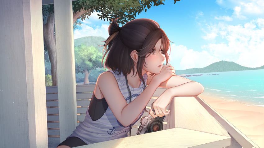 1girl anchor_symbol bare_arms beach blue_sky brown_eyes brown_hair camera chin_rest clouds cloudy_sky day highres holding holding_camera looking_afar mochi_(chain_csn) original outdoors parted_lips sand sitting sky sleeveless solo striped summer tree water