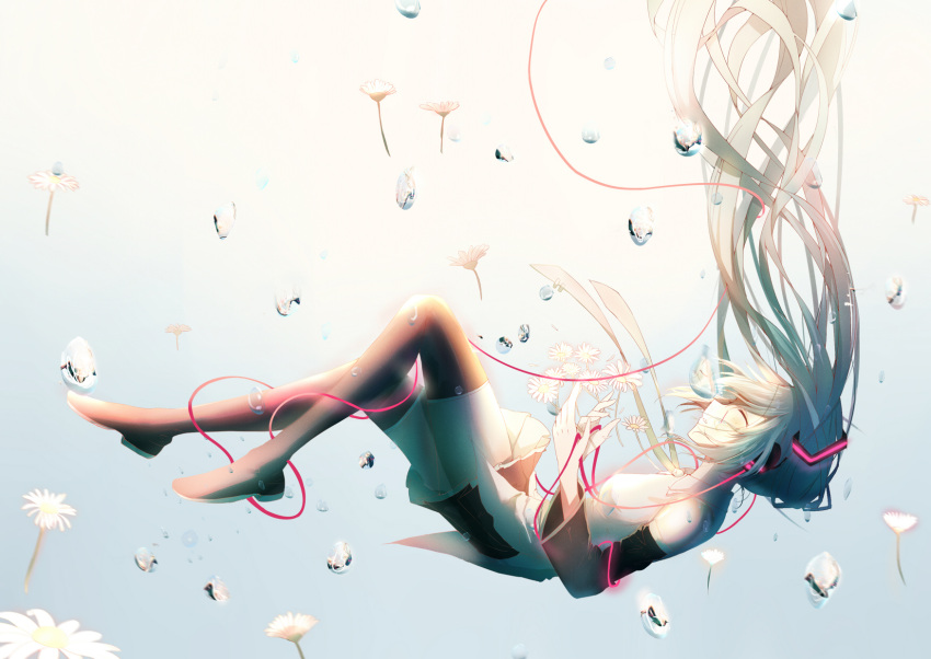 1girl air_bubble aqua_hair black_boots black_skirt boots closed_eyes daisy detached_sleeves floating flower from_side hatsune_miku highres holding holding_flower long_hair necktie parted_lips pleated_skirt profile re:rin shirt skirt sleeveless sleeveless_shirt solo thigh-highs thigh_boots twintails vocaloid white_flower