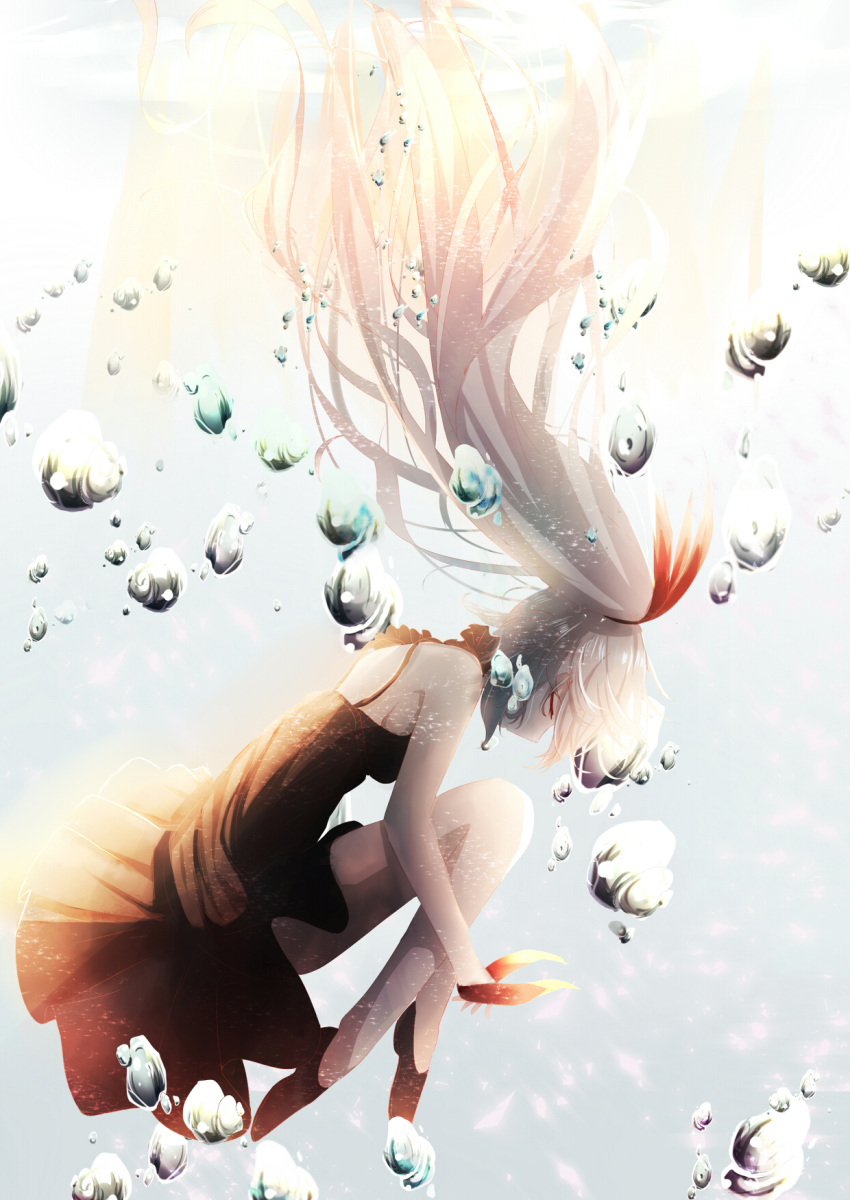 1girl air_bubble black_dress blonde_hair bow closed_eyes dress from_side hair_bow hatsune_miku highres long_hair open-back_dress re:rin red_bow solo twintails underwater vocaloid