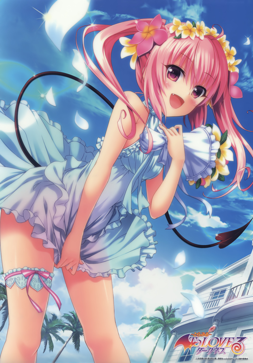 1girl :d absurdres bouquet breasts dress fang flower frilled_dress frills hair_flower hair_ornament highres nana_asta_deviluke official_art open_mouth pink_eyes pink_hair skirt_hold sleeveless small_breasts smile tail to_love-ru to_love-ru_darkness twintails white_dress yabuki_kentarou