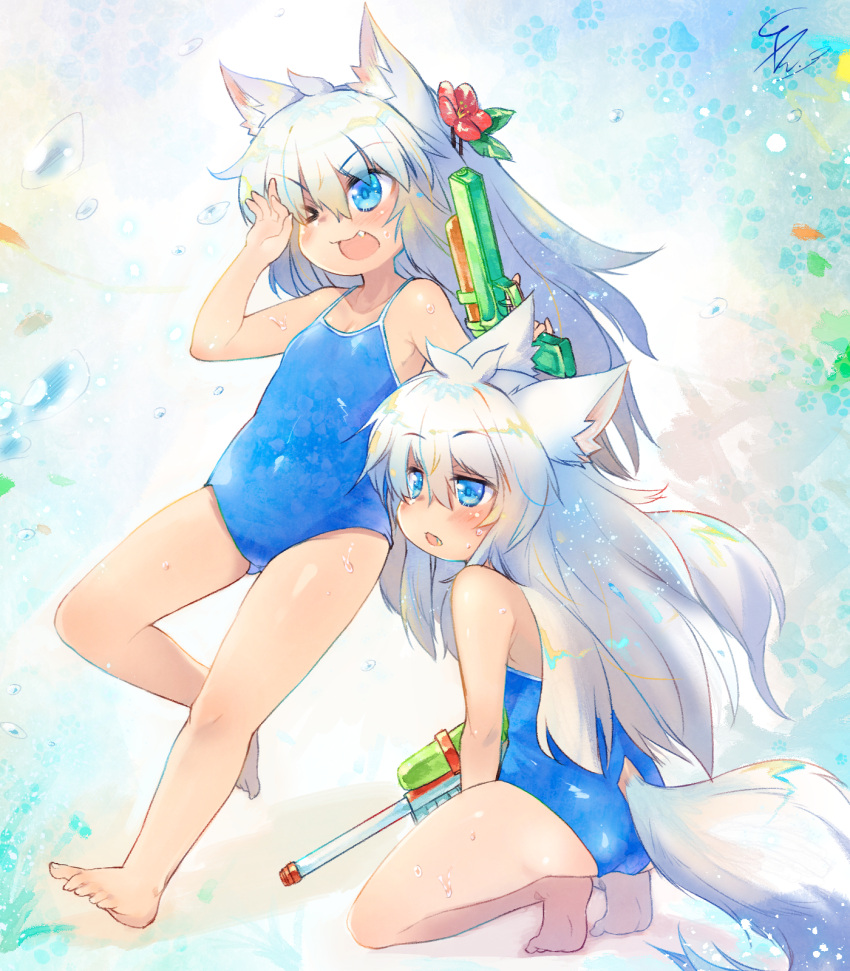 2girls animal_ears ass blue_eyes chestnut_mouth child fang flower full_body hair_flower hair_ornament highres long_hair one-piece_swimsuit one_eye_closed open_mouth original school_swimsuit siblings signature squatting swimsuit tail toba_hiyoko twins water_gun white_hair wolf_ears wolf_tail