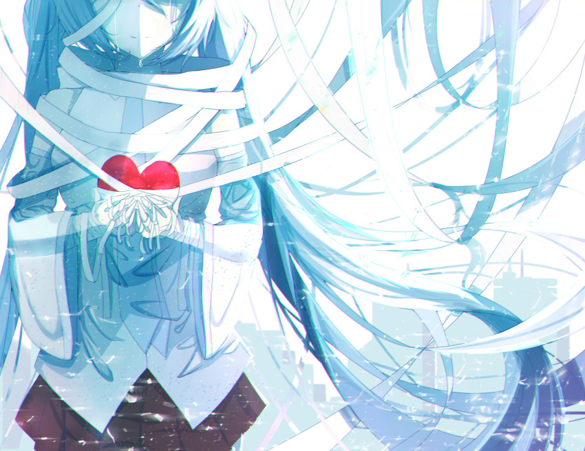1girl bandage bandaged_arm bandaged_head black_skirt blue blue_hair closed_mouth cupping_hands detached_sleeves facing_viewer floating_hair hatsune_miku head_out_of_frame heart highres holding light_smile long_hair necktie pleated_skirt re:rin skirt solo tears very_long_hair vocaloid