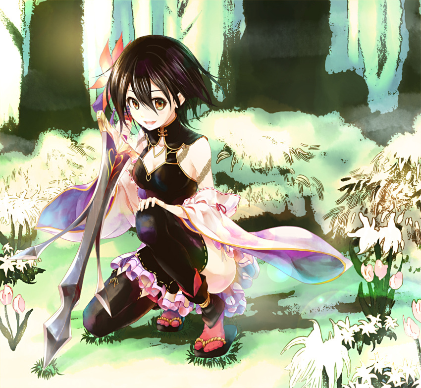 1girl :d black_hair black_legwear blush breasts brown_eyes character_request cleavage detached_sleeves flower forest full_body hair_between_eyes hair_flower hair_ornament holding holding_sword holding_weapon kneeling looking_at_viewer lord_of_vermilion_iii medium_breasts nature open_mouth red_legwear reverse_grip sandals short_hair smile socks solo sword tabi thigh-highs weapon wide_sleeves yue_(pixiv2547)