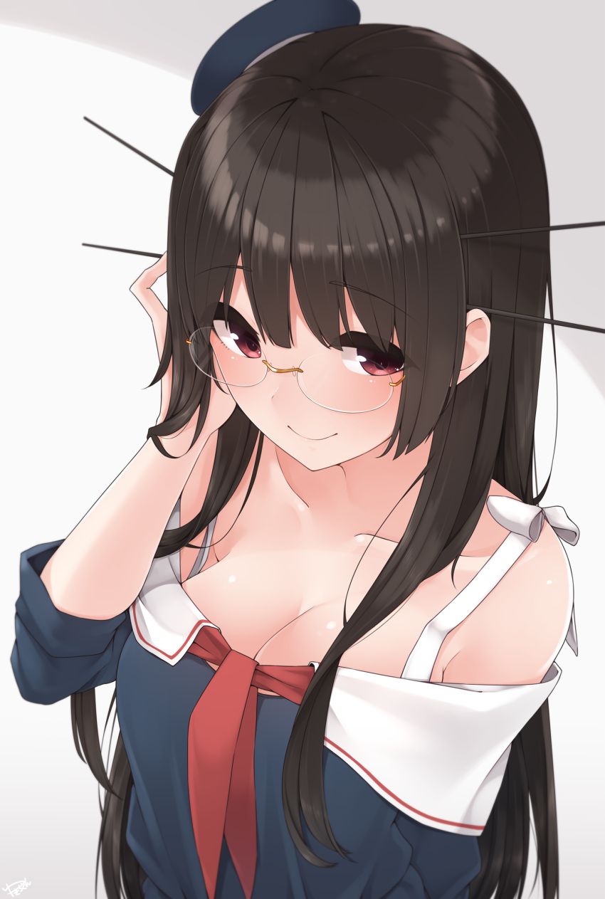 10s 1girl adapted_costume bare_shoulders beret black_hair blue_hat blush bra bra_strap breasts choukai_(kantai_collection) cleavage collarbone eyebrows_visible_through_hair glasses gradient gradient_background grey_background hand_in_hair hat highres kantai_collection long_hair looking_at_viewer medium_breasts red_eyes remodel_(kantai_collection) school_uniform serafuku shiny shiny_hair smile solo underwear white_bra yukichi_(sukiyaki39)