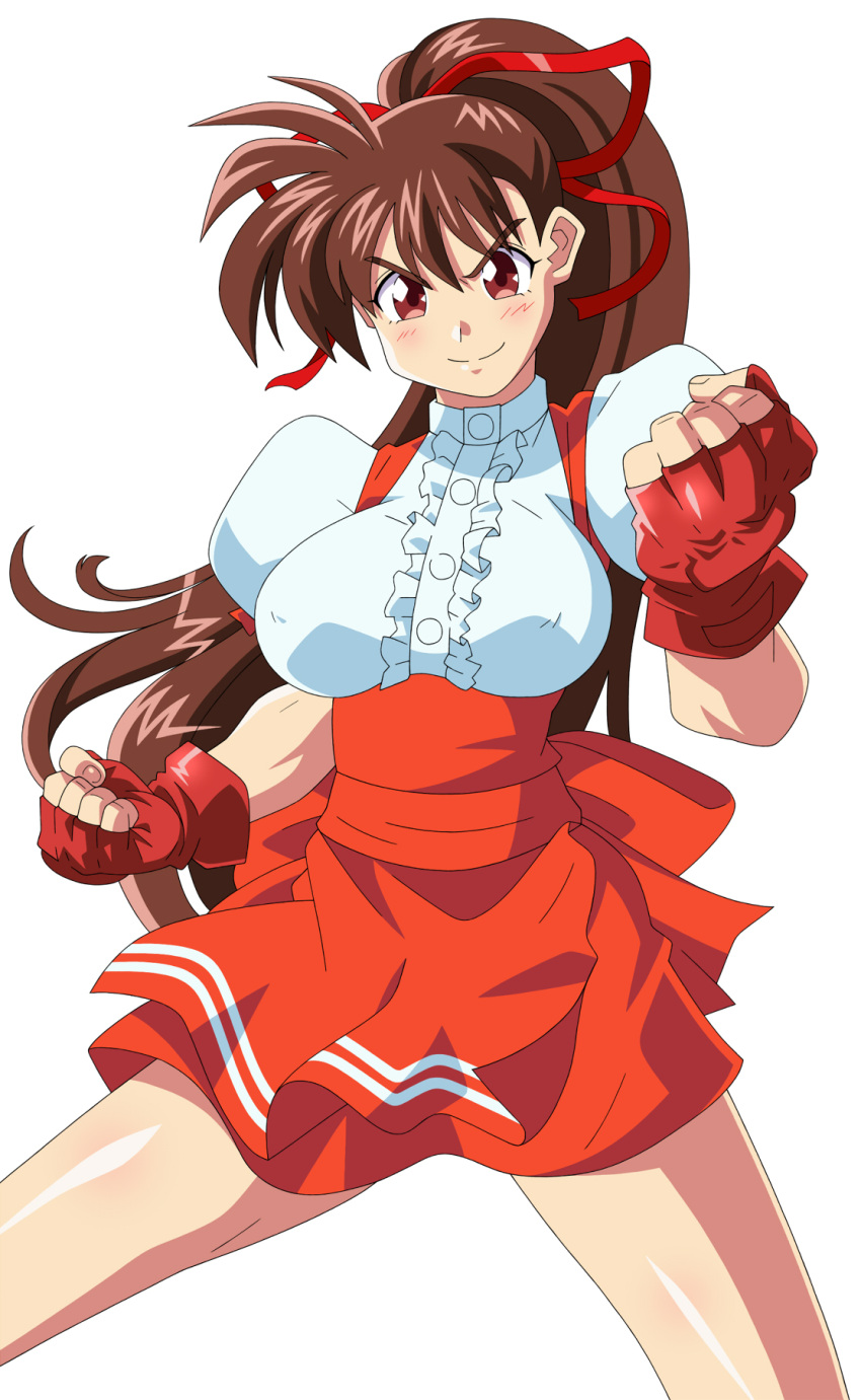 1girl anna_miller blush bow brown_hair clenched_hand closed_mouth cowboy_shot fingerless_gloves gloves highres kuroi_ohagi long_hair looking_at_viewer orange_bow orange_skirt ponytail puffy_sleeves red_eyes red_gloves shiny shiny_skin skirt smile solo takeuchi_yuka variable_geo waitress white_background