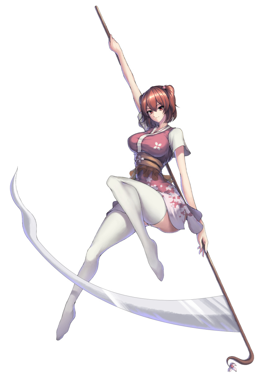 &gt;:) 1girl absurdres arm_up breasts closed_mouth floral_print full_body hair_between_eyes hair_bobbles hair_ornament highres holding holding_weapon japanese_clothes kagi_f large_breasts looking_at_viewer obi onozuka_komachi red_eyes redhead sash scythe short_hair short_sleeves smile solo thigh-highs touhou two_side_up weapon white_legwear