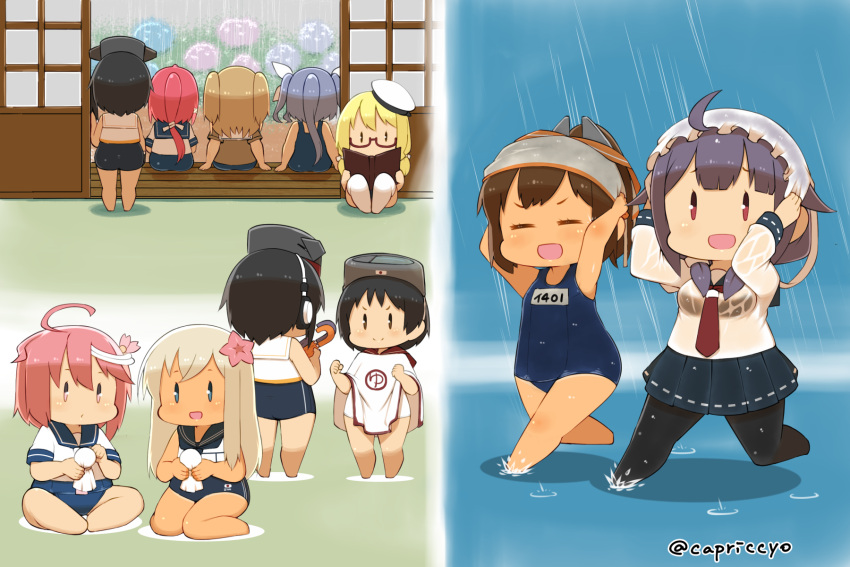 &gt;:) 10s ahoge barefoot black_bra black_hair blonde_hair blue_hair blue_skirt blush bra brown_eyes brown_hair capriccyo clenched_hands closed_eyes coat diving_mask_on_head feet_together flower glasses hair_flaps hair_flower hair_ornament hair_tubes hands_on_own_head headgear headphones highres i-13_(kantai_collection) i-14_(kantai_collection) i-168_(kantai_collection) i-19_(kantai_collection) i-26_(kantai_collection) i-401_(kantai_collection) i-58_(kantai_collection) i-8_(kantai_collection) japanese_flag kantai_collection knees_up light_brown_hair maru-yu_(kantai_collection) necktie open_mouth pantyhose pink_hair pleated_skirt ponytail purple_hair rain red_eyes red_necktie redhead ro-500_(kantai_collection) running sailor_collar school_swimsuit school_uniform see-through serafuku short_hair sisters sitting skirt standing swimsuit swimsuit_under_clothes taigei_(kantai_collection) tan teruterubouzu thigh-highs tri_tails twins twitter_username two_side_up umbrella underwear wariza wet wet_clothes white_legwear white_school_swimsuit white_swimsuit