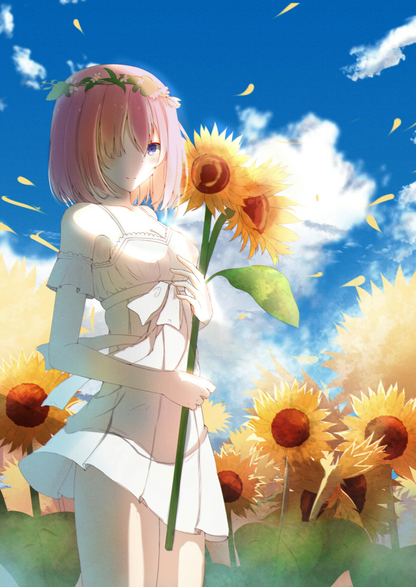 1girl blue_sky blush closed_mouth clouds cloudy_sky cowboy_shot day dress fate/grand_order fate_(series) flower flower_wreath hair_over_one_eye highres holding holding_flower light_smile looking_at_viewer outdoors petals pink_hair re:rin shielder_(fate/grand_order) sky smile solo sunflower violet_eyes white_dress