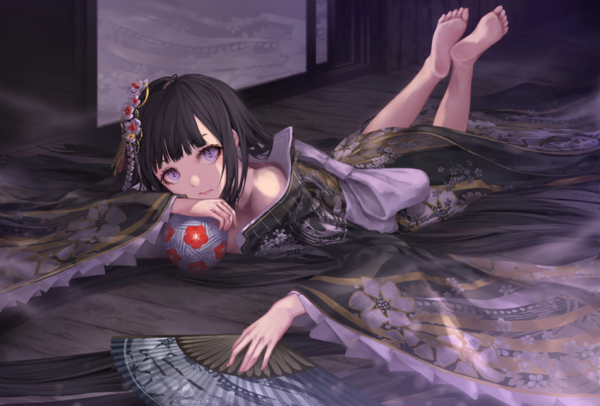 1girl ball barefoot black_hair expressionless fan feet floral_print folding_fan fusuma hair_ornament head_rest japanese_clothes jname kanzashi kimono legs_up long_hair looking_at_viewer lying on_floor on_stomach original sliding_doors soles solo temari_ball toes toy violet_eyes wooden_floor
