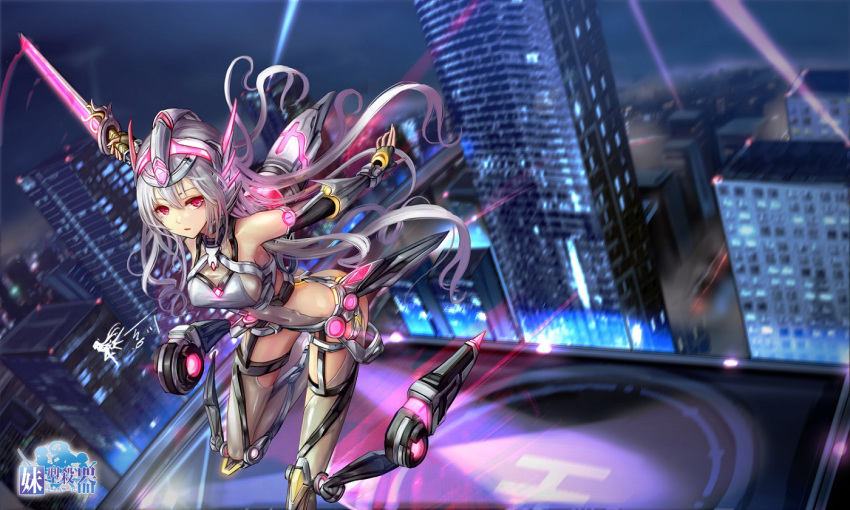 1girl albino ass_visible_through_thighs bare_shoulders belt black_gloves blurry breasts building city covered_navel depth_of_field dutch_angle fingerless_gloves from_above gloves glowing glowing_sword glowing_weapon headgear helipad holding holding_sword holding_weapon long_hair looking_at_viewer machinery mecha_musume medium_breasts night night_sky original outdoors outstretched_arms red_eyes revision rooftop searchlights sideboob signature silver_hair sky skyscraper sleeveless solo standing standing_on_one_leg sword thigh-highs very_long_hair wangchuan_de_quanyan weapon