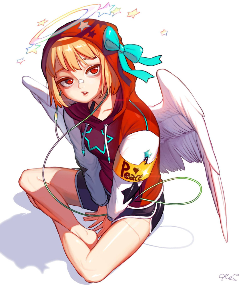 1girl angel_wings armband bangs bare_legs barefoot between_legs black_shorts bow boyshorts cable collarbone drawstrings feathered_wings green_bow halo hand_between_legs hat hat_bow highres hood hood_up hoodie indian_style long_sleeves looking_at_viewer open_mouth orange_hair original parted_lips pink_lips red_eyes red_hoodie rinotuna short_hair shorts simple_background sitting solo spread_wings star star_print teeth upper_teeth white_background wings