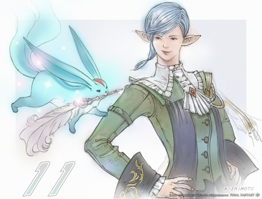 1girl aiguillette blue_hair braided_ponytail carbuncle_(final_fantasy) copyright_name elezen elf final_fantasy final_fantasy_xiv lips lipstick makeup official_art pointy_ears quill signature watermark