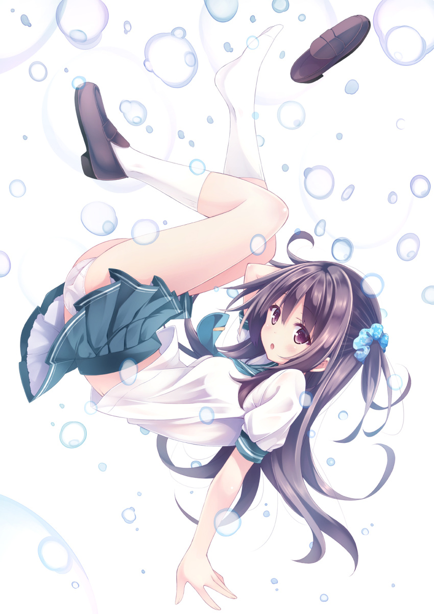 1girl :o ass black_hair blush brown_eyes floating_hair green_skirt highres kneehighs loafers long_hair original panties parted_lips pleated_skirt ryo school_uniform serafuku shoes shoes_removed short_sleeves single_shoe skirt solo thighs underwear wedgie white_legwear white_panties