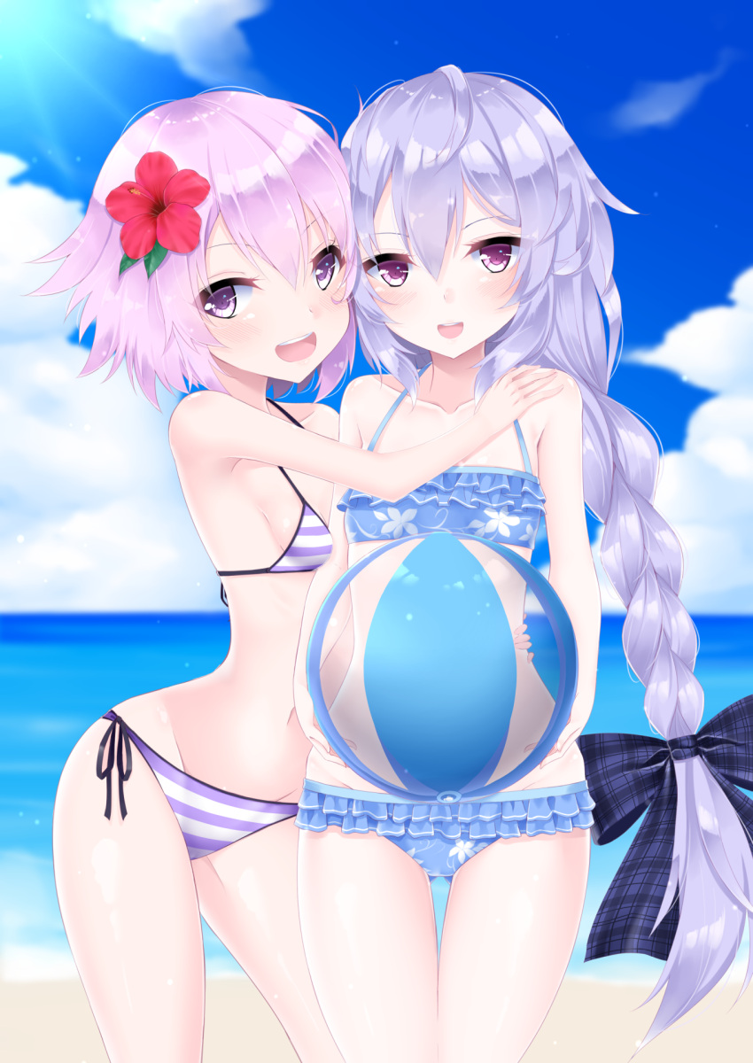 2girls beach blush braid breasts choujigen_game_neptune cleavage cleavave cowboy_shot day flower groin hair_ornament hair_ribbon high_resolution highres kami_jigen_game_neptune_v light-skinned long_hair looking_at_viewer multiple_girls navel neptune_(choujigen_game_neptune) neptune_(hyperdimension_neptunia) neptune_(series) outdoors pink_hair purple_hair pururut red_eyes ribbon shikapiro shiny shiny_hair shiny_skin short_hair single_braid small_breasts smile stomach swimsuit twintails violet_eyes