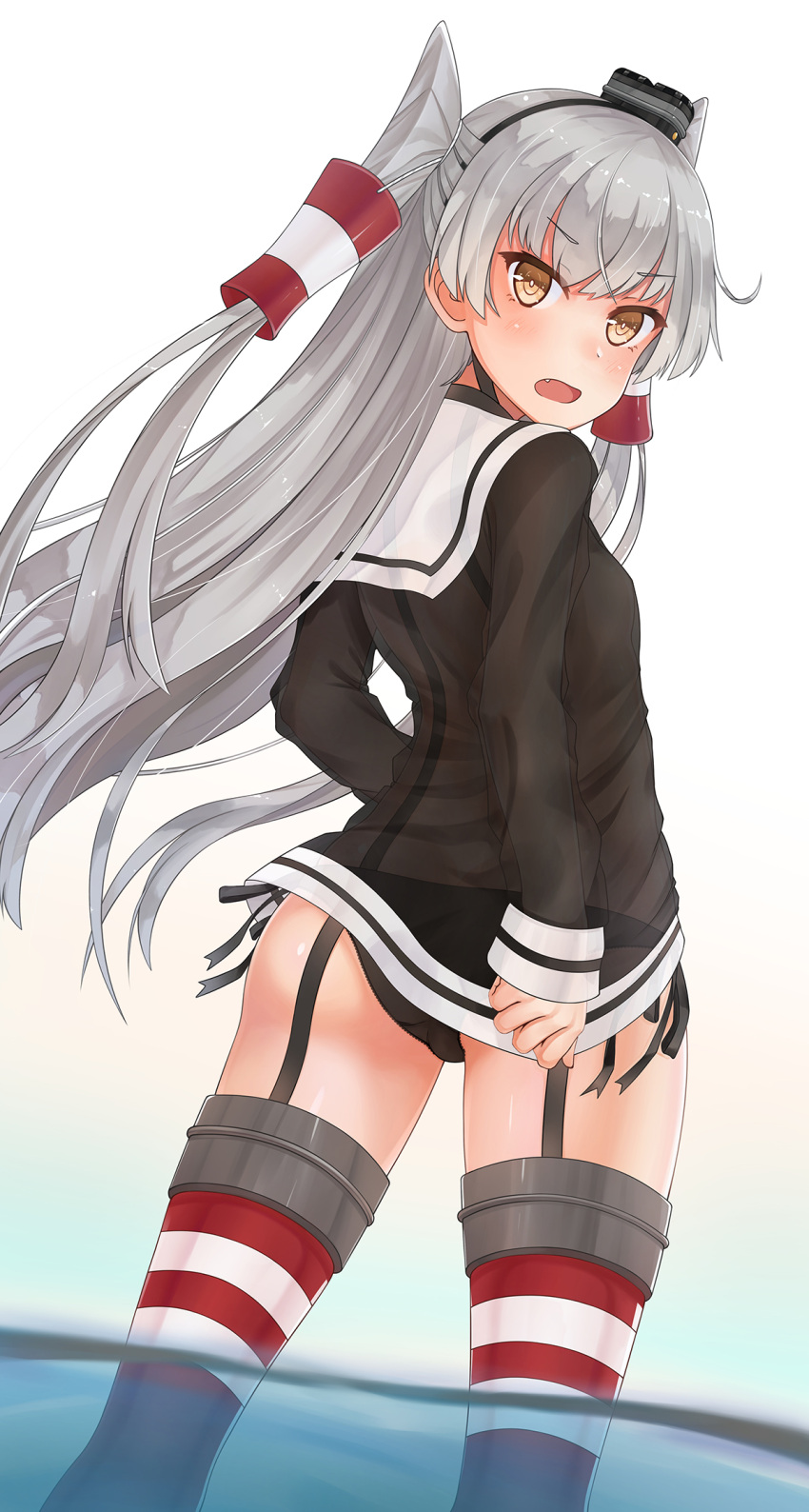 &gt;:o 10s 1girl :o amatsukaze_(kantai_collection) ass bangs black_hairband black_hat black_ribbon blunt_bangs blush brown_eyes cowboy_shot eyebrows_visible_through_hair from_behind garter_straps hair_tubes hairband hat highres kaleid kantai_collection legs_apart long_hair long_sleeves looking_back mini_hat no_pants open_mouth panties red_legwear ribbon school_uniform see-through serafuku side-tie_panties silver_hair simple_background sleeves_past_wrists solo standing striped striped_legwear thigh-highs tsurime underwear very_long_hair wading water white_background