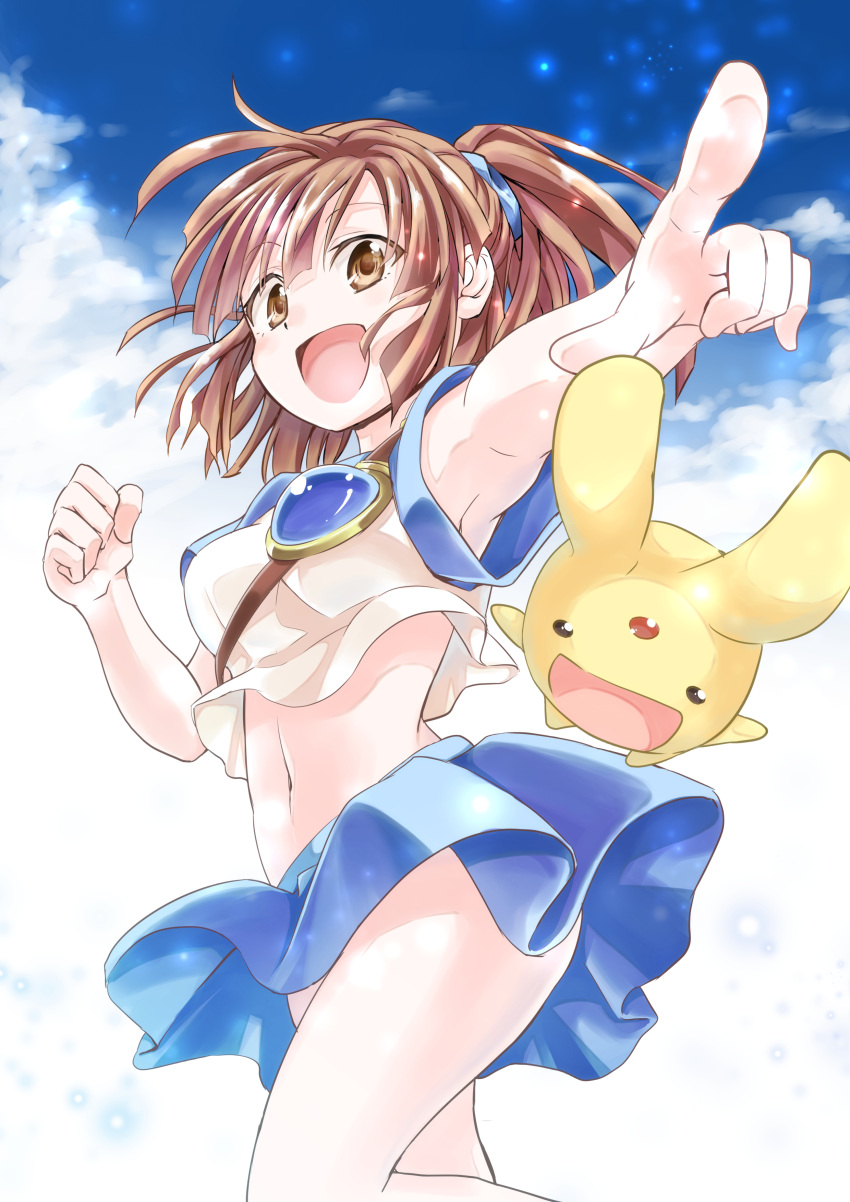 1girl absurdres arle_nadja armpit_peek blue_skirt clenched_hand highres madou_monogatari midriff pointing puyopuyo skirt