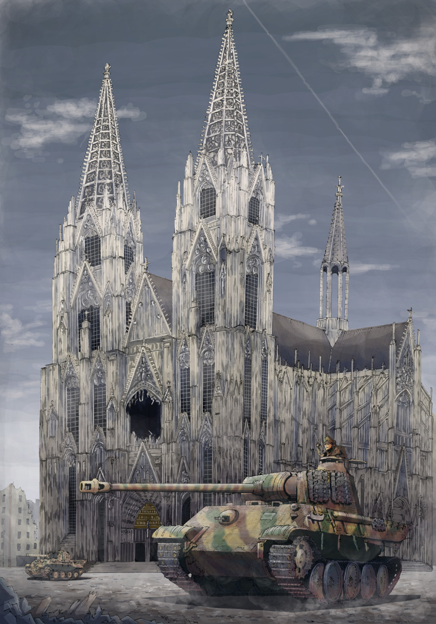 1boy building church clouds commentary day earasensha ground_vehicle highres long_image military military_vehicle motor_vehicle real_life sky tall_image tank world_war_ii