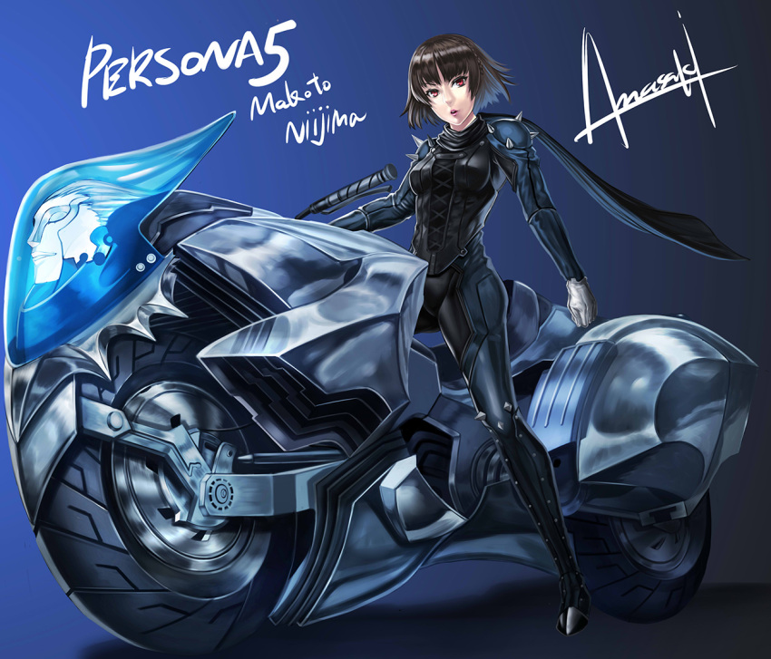 1girl armor artist_name biker_clothes bikesuit bodysuit braid brown_hair character_name copyright_name crown_braid full_body gloves ground_vehicle joanna_(persona_5) lips lipstick looking_at_viewer makeup motor_vehicle motorcycle niijima_makoto no_mask parted_lips persona persona_5 red_eyes scarf short_hair signature solo spikes standing vehicle wa-kun