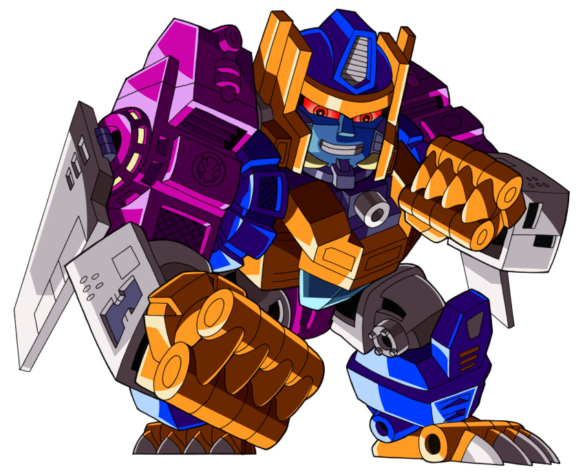 1boy 90s beast_machines beast_wars beni_(8204) cannon clenched_hand glowing grinding highres insignia machine machinery mecha megatron megatron_(beast_wars) no_humans oldschool personification red_eyes robot simple_background smile solo spoilers teeth transformers weapon white_background