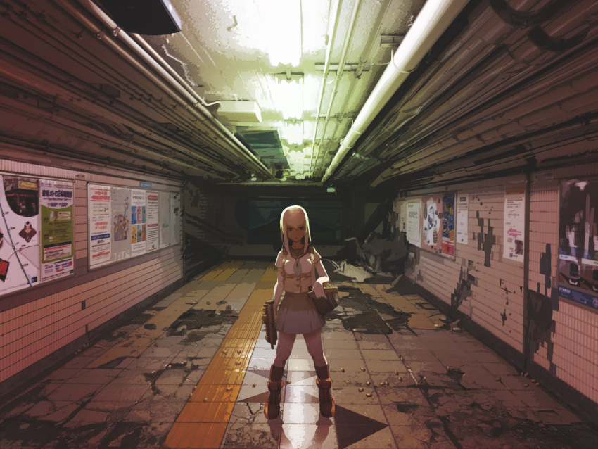 1girl absurdres black_legwear blonde_hair blue_neckerchief blue_skirt boots gun highres holding holding_gun holding_weapon kneehighs lights looking_at_viewer neckerchief original parted_lips pipes red_eyes rias-coast rubble ruins short_hair sign skirt solo stairs subway subway_map subway_station weapon white_hair