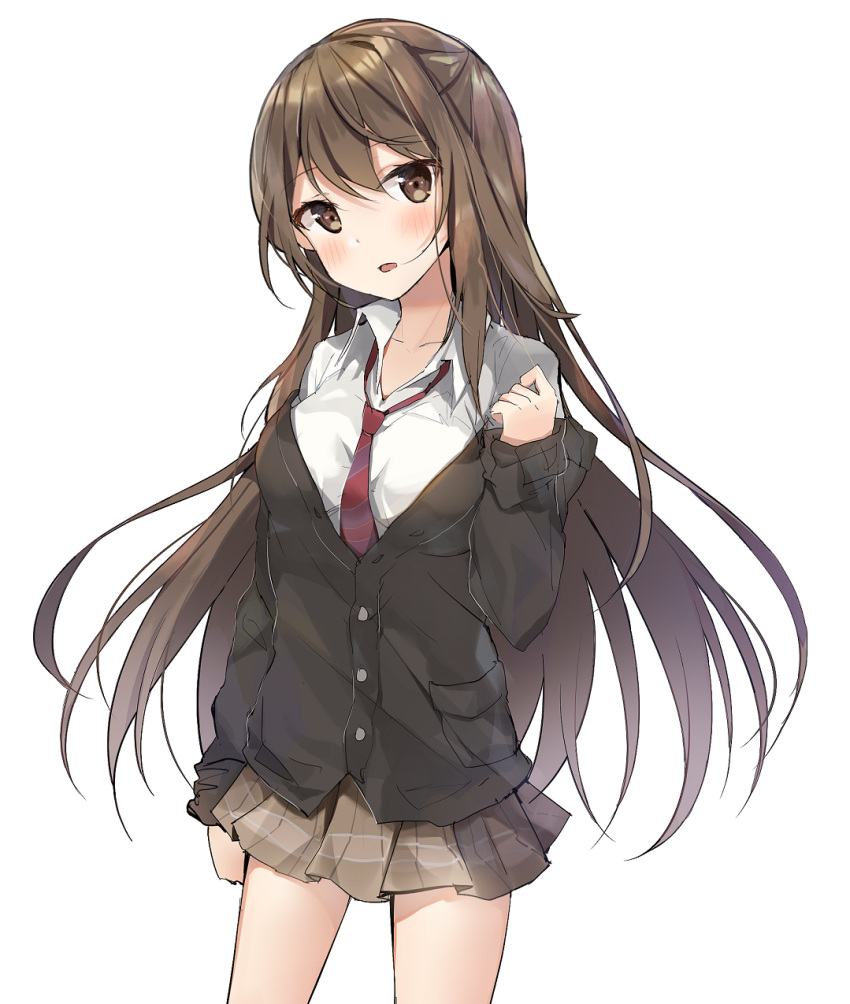 1girl blush brown_eyes brown_hair cardigan cowboy_shot highres kurut long_hair necktie original school_uniform simple_background sketch solo white_background