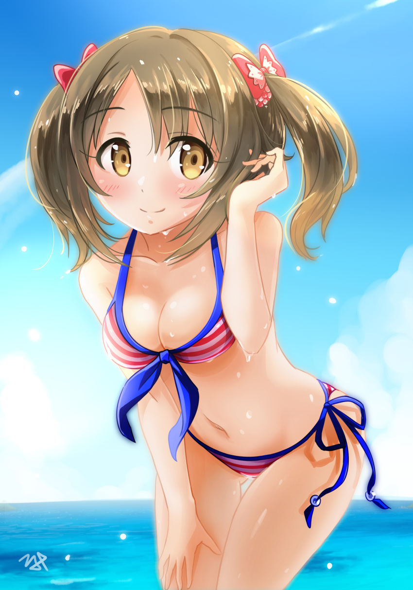 1girl bikini blush breasts brown_eyes brown_hair cleavage front-tie_top hair_ribbon highres idolmaster idolmaster_cinderella_girls imai_kana kibihimi leaning_forward looking_at_viewer medium_breasts navel red_bikini red_ribbon ribbon side-tie_bikini smile solo standing striped striped_bikini swimsuit twintails