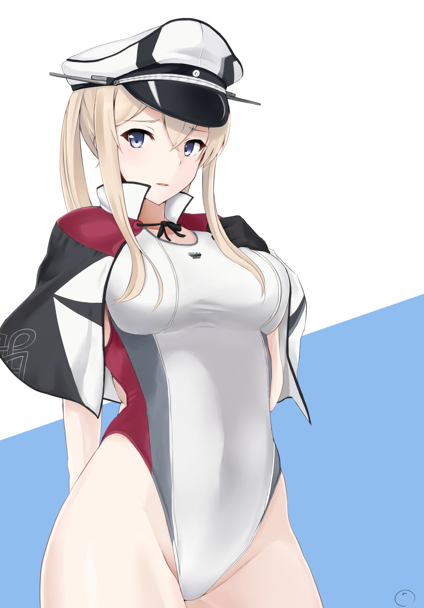 10s 1girl absurdres arms_behind_back blonde_hair blue_eyes breasts capelet celtic_knot competition_swimsuit graf_zeppelin_(kantai_collection) hair_between_eyes hat highres iron_cross kantai_collection large_breasts maruya1006 military_hat one-piece_swimsuit peaked_cap solo swimsuit twintails white_hat
