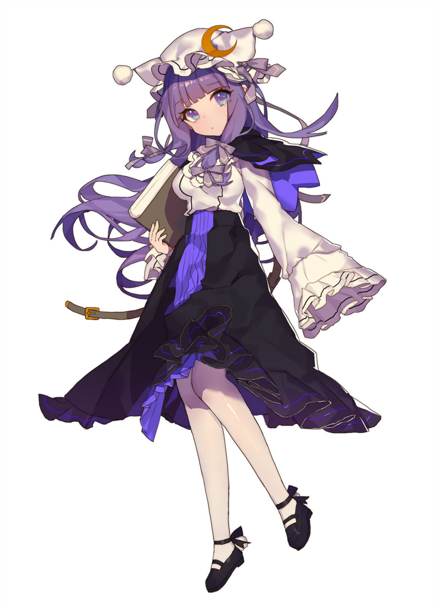 1girl acidear alternate_costume bangs belt black_shoes black_skirt blunt_bangs book capelet crescent crescent_hair_ornament full_body hair_ornament hat high-waist_skirt highres holding holding_book long_hair looking_at_viewer mary_janes pantyhose patchouli_knowledge pillow_hat purple_hair shoes simple_background skirt sleeves_past_wrists solo touhou very_long_hair violet_eyes white_background white_legwear wide_sleeves