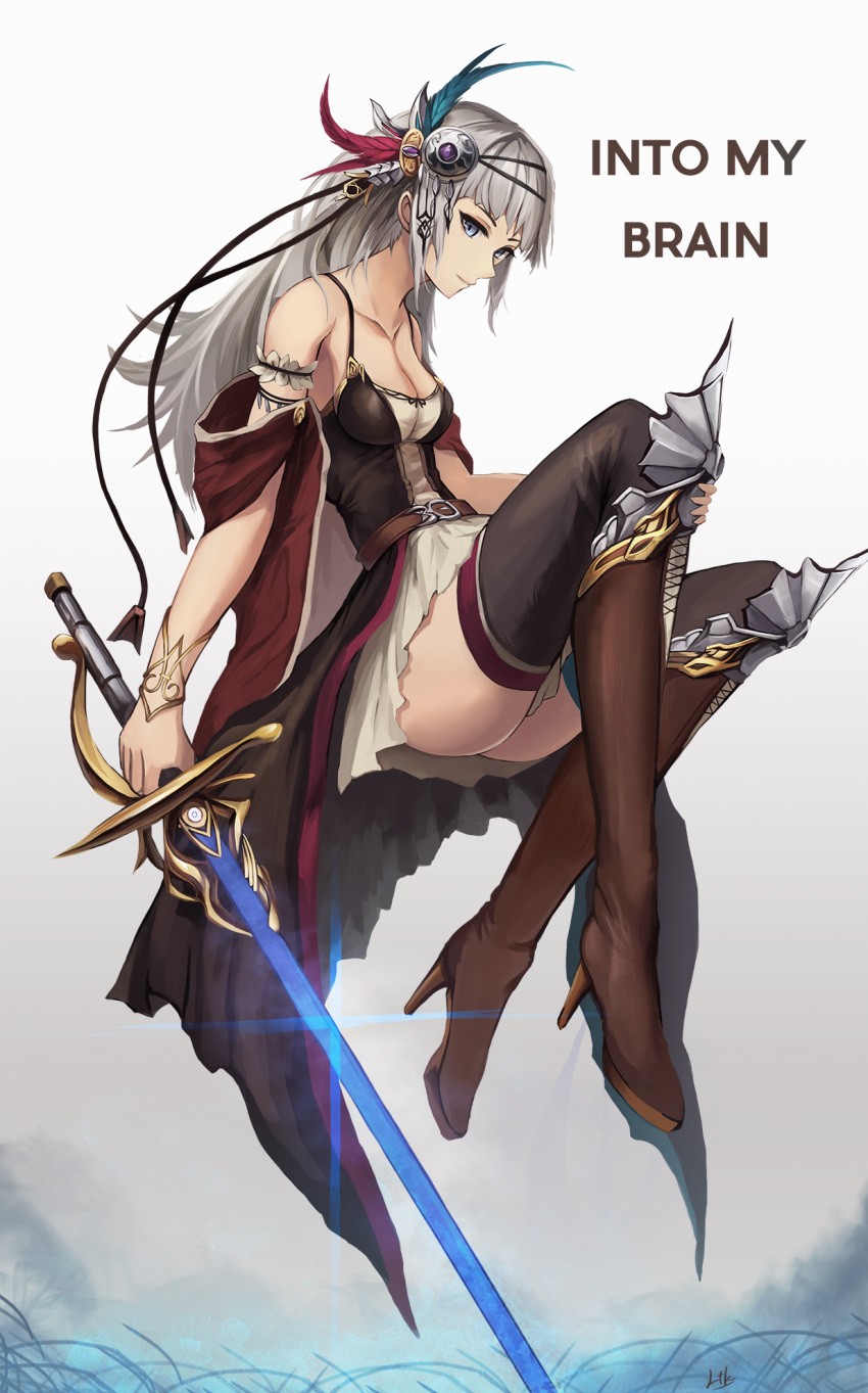 1girl ass bangs bare_shoulders belt black_dress black_legwear boots breasts brown_boots closed_mouth collarbone dress eruthika fantasy full_body grey_eyes grey_hair hair_ornament highres holding holding_sword holding_weapon knee_boots long_hair long_legs looking_at_viewer medium_breasts original sidelocks skirt smile solo sword thigh-highs thighs weapon white_skirt