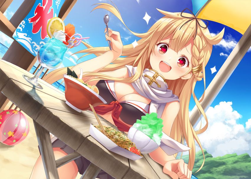 10s 1girl :d adapted_costume asymmetrical_hair ball bangs beach beachball bikini black_bikini black_ribbon blonde_hair bowl braid breasts cup day drink drinking_glass drinking_straw dutch_angle food french_braid hair_flaps hair_ornament hair_ribbon hairclip heart heart-shaped_pupils highres holding holding_spoon kantai_collection kooribata large_breasts long_hair looking_at_viewer mafuyun medium_breasts noodles ocean open_mouth outdoors pov_across_table ramen red_eyes remodel_(kantai_collection) ribbon scarf shaved_ice sitting smile solo spoon sunlight swimsuit symbol-shaped_pupils table teeth white_scarf yakisoba yuudachi_(kantai_collection)