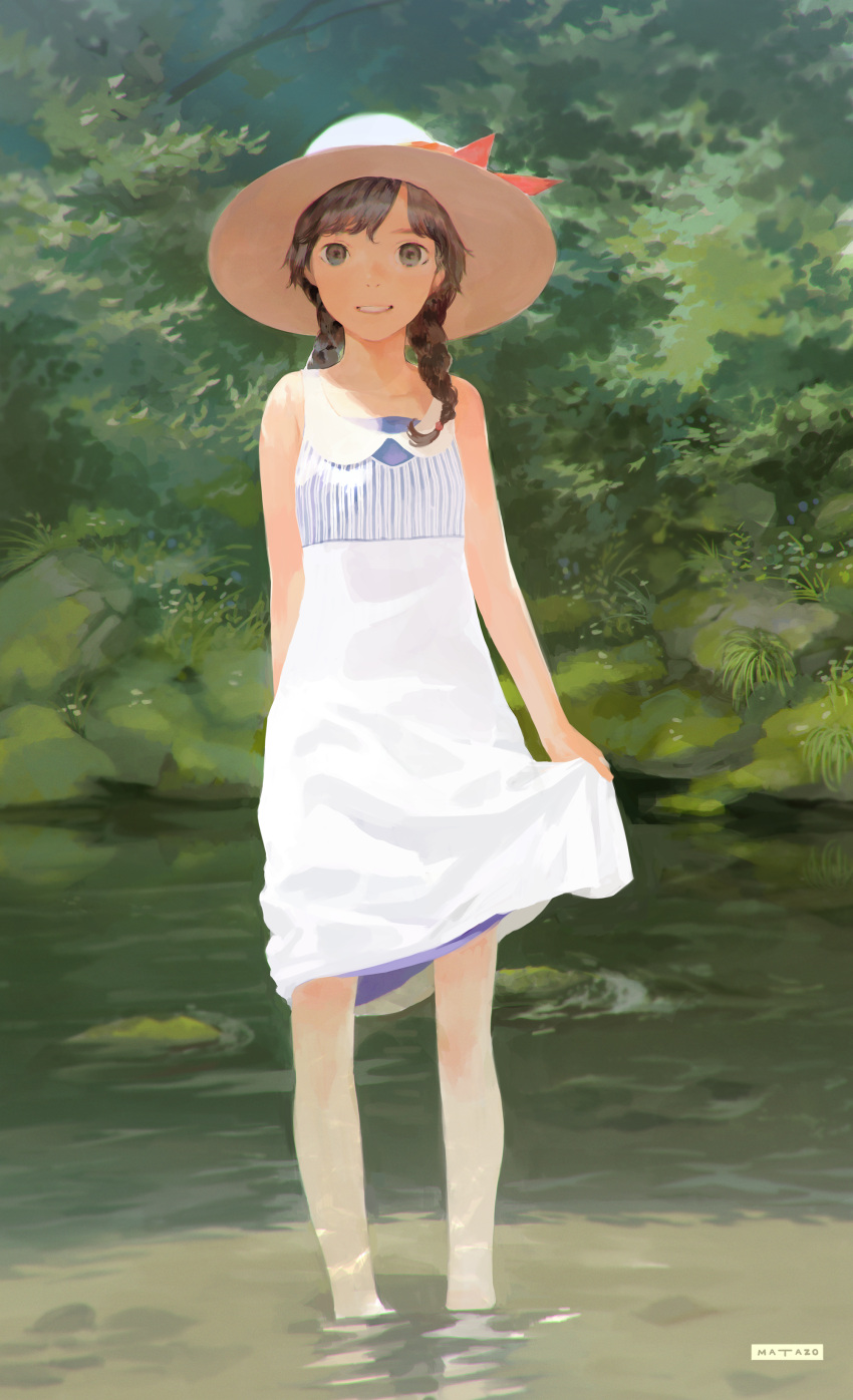 1girl absurdres braid brown_eyes brown_hair commentary dress dress_lift grin hat highres long_hair looking_at_viewer mtz original plant pond signature smile solo summer sun_hat sundress sunlight tree twin_braids wading water white_dress