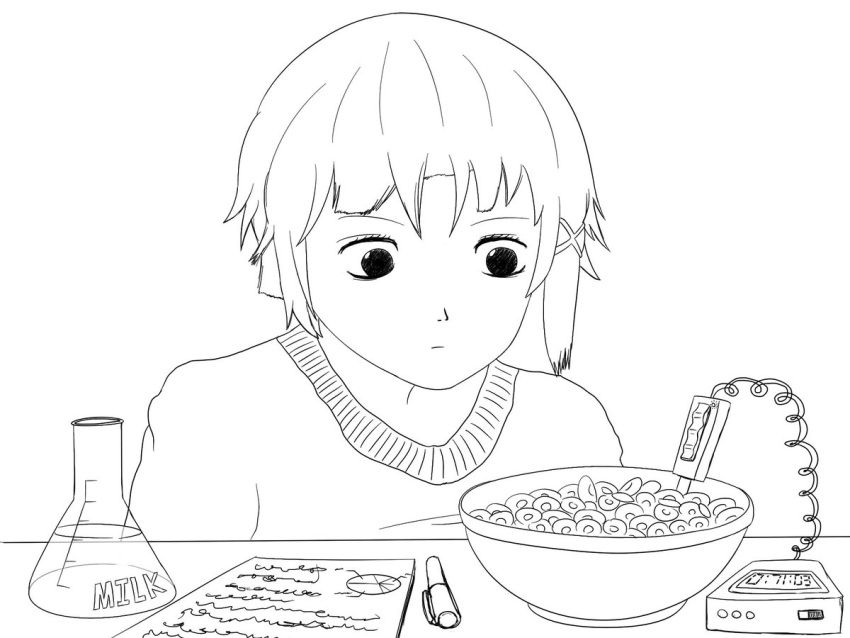 1girl asymmetrical_hair beaker cereal english hair_ornament hairclip hippocrit image_sample iwakura_lain milk monochrome pen pun serial_experiments_lain solo text twitter_sample